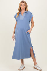 Blue Striped Collared Side Slit Maternity Midi Dress
