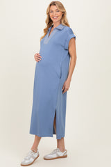 Blue Striped Collared Side Slit Maternity Midi Dress