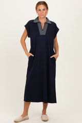 Navy Striped Collared Side Slit Midi Dress