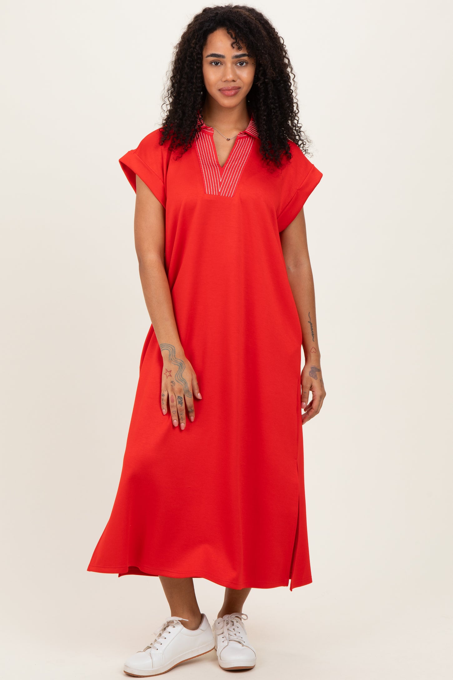 Red Striped Collared Side Slit Midi Dress Red Striped Collared Side Slit Midi Dress