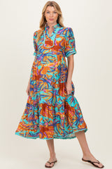 Aqua Mix Leaf Print Pocketed Maternity Midi Dress