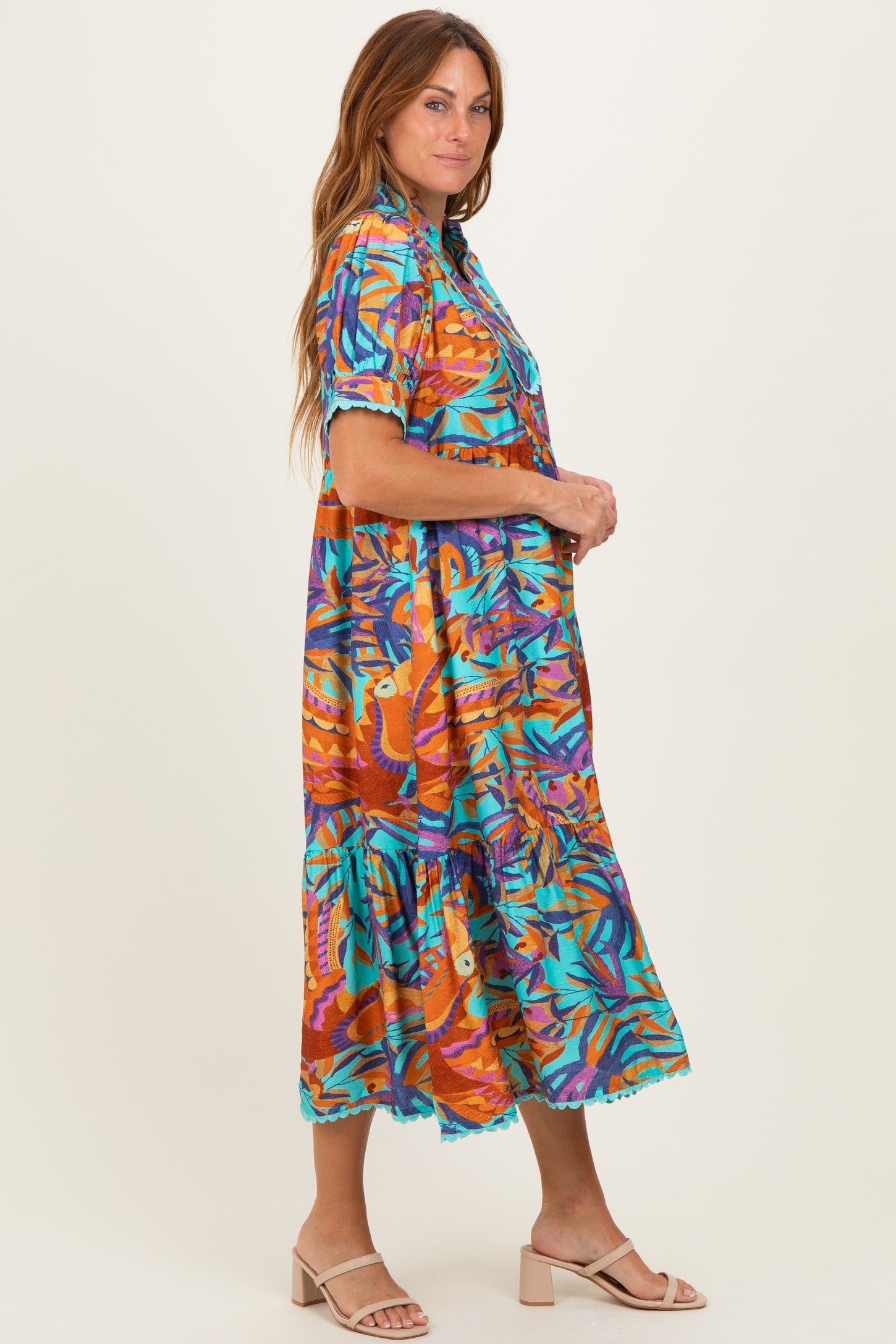 Aqua Mix Leaf Print Pocketed Maternity Midi Dress