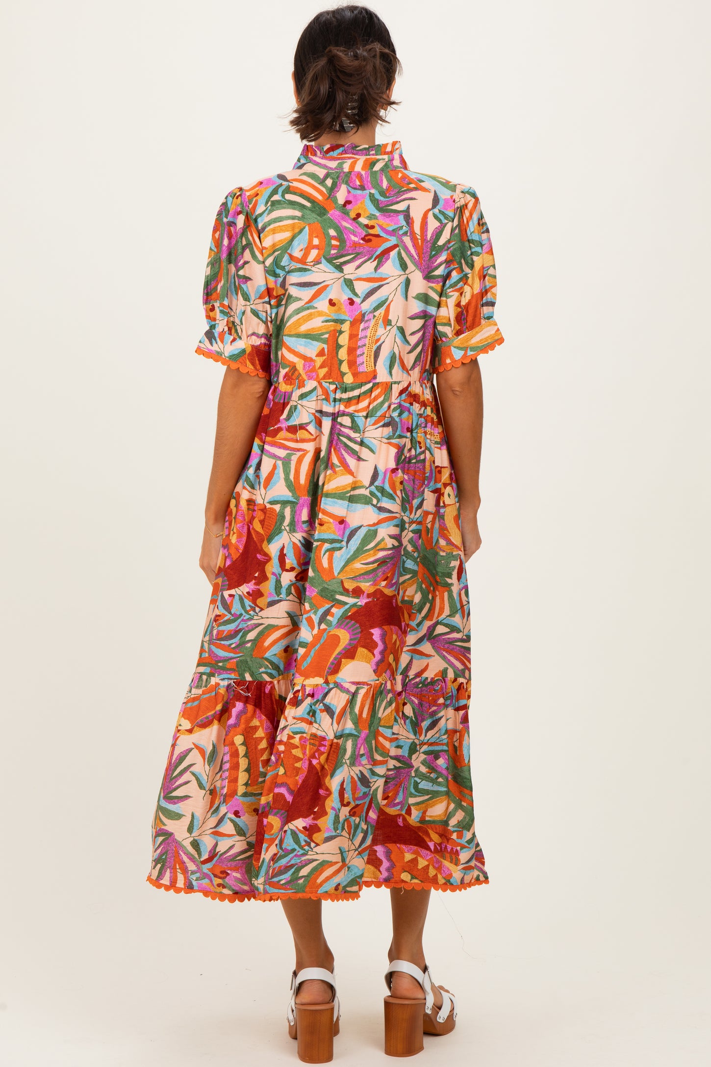 Pink Mix Leaf Print Pocketed Midi Dress