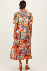 Pink Mix Leaf Print Pocketed Midi Dress