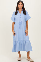 Light Blue Striped Button Collared Midi Dress