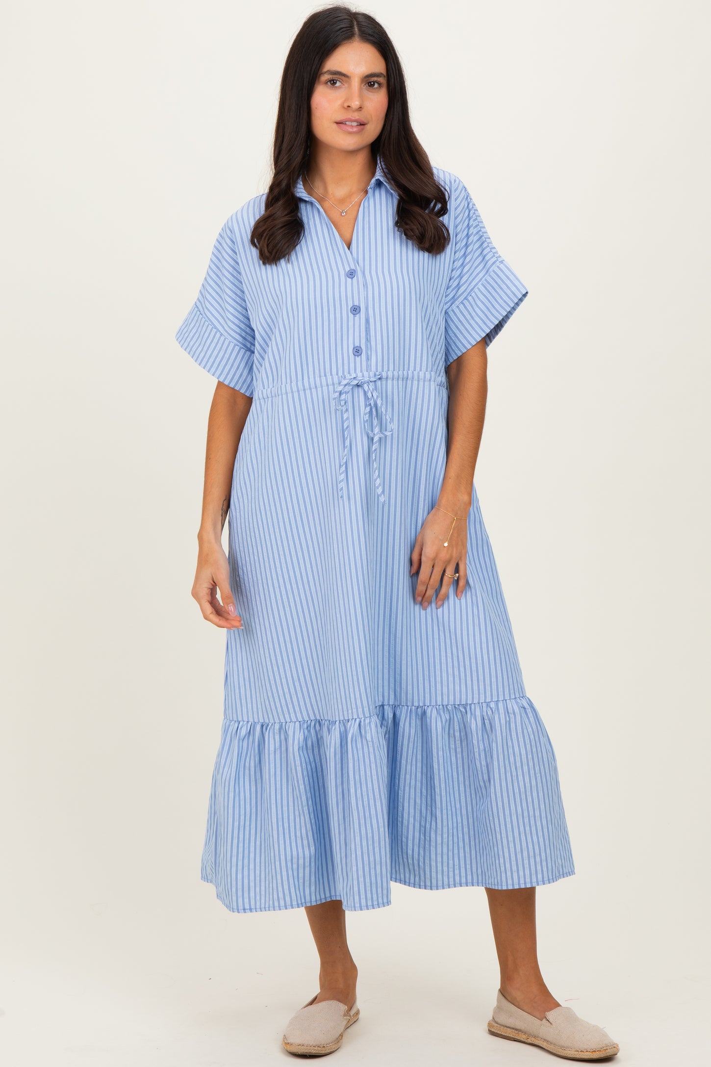 Light Blue Striped Button Collared Midi Dress