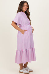 Pink Striped Button Collared Maternity Midi Dress