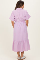 Pink Striped Button Collared Maternity Midi Dress