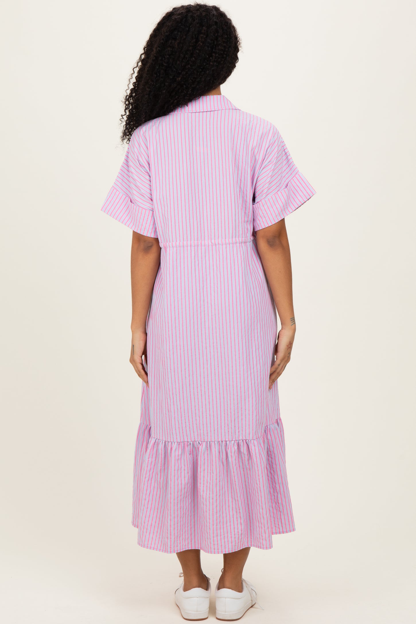 Pink Striped Button Collared Midi Dress