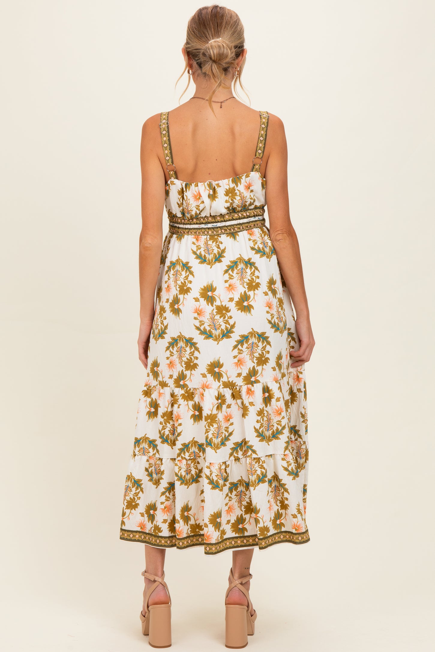 Olive Floral Sleeveless Tiered Maternity Maxi Dress