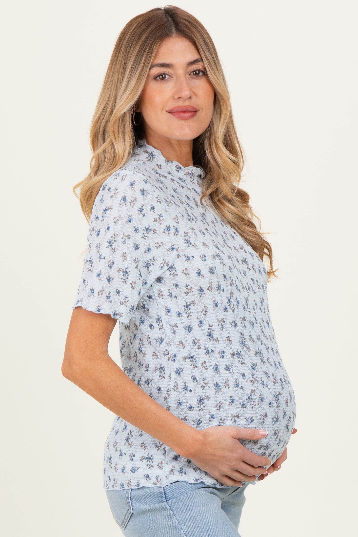 Blue Floral Ruffle Trim Short Sleeve Maternity Top