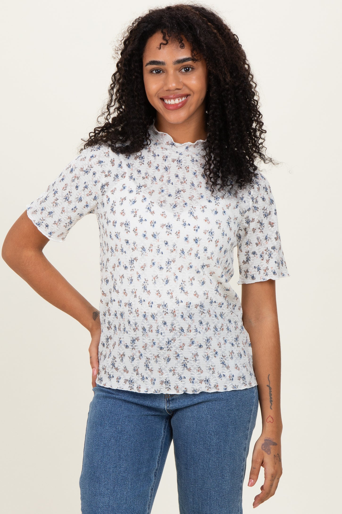 Ivory Floral Ruffle Trim Short Sleeve Top