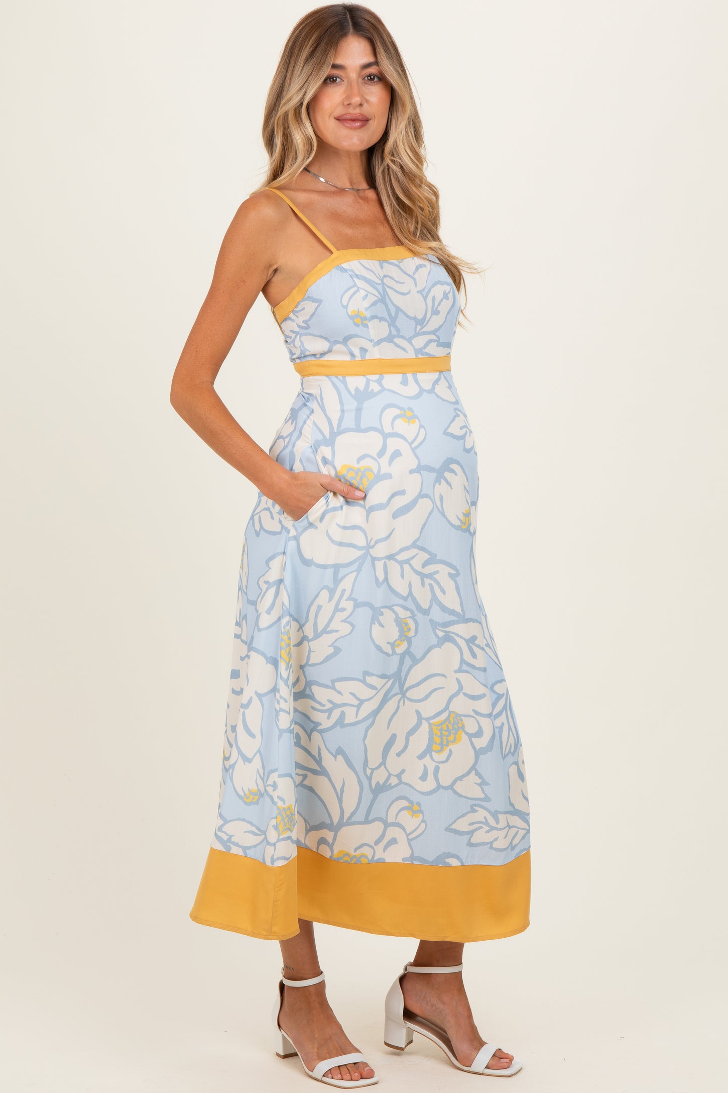 Light Blue Floral Sleeveless Flowy Maternity Maxi Dress
