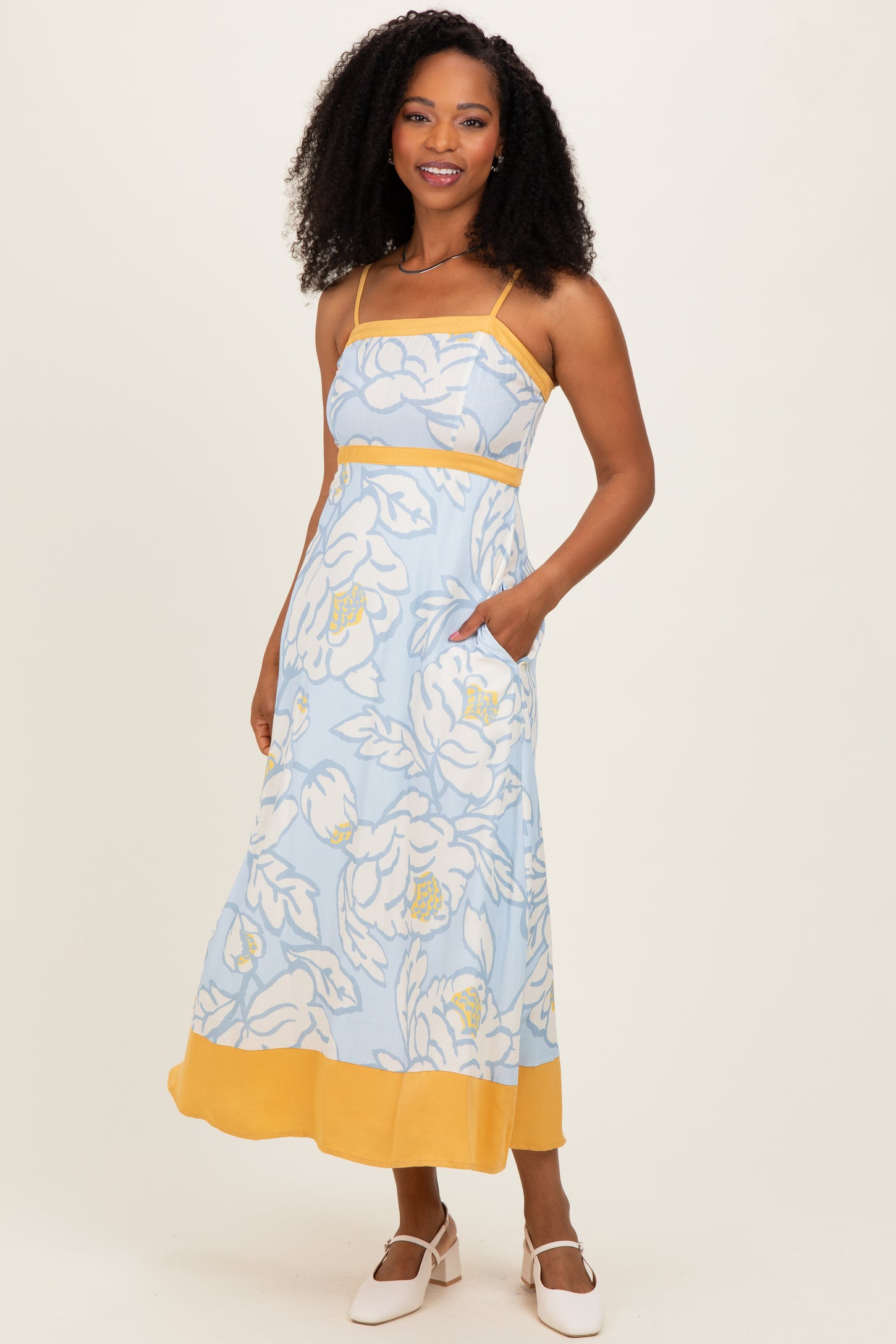 Light Blue Floral Sleeveless Flowy Maternity Maxi Dress