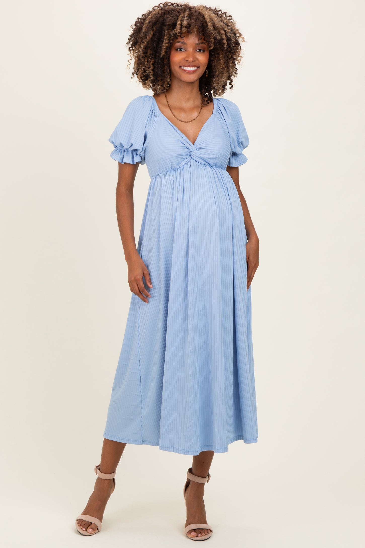 short sleeve empire waist dress OutfitShow Women Summer V Neck Floral with Pockets featuring a flattering empire waist that accentuates your silhouette Light Blue Ribbed Short Sleeve