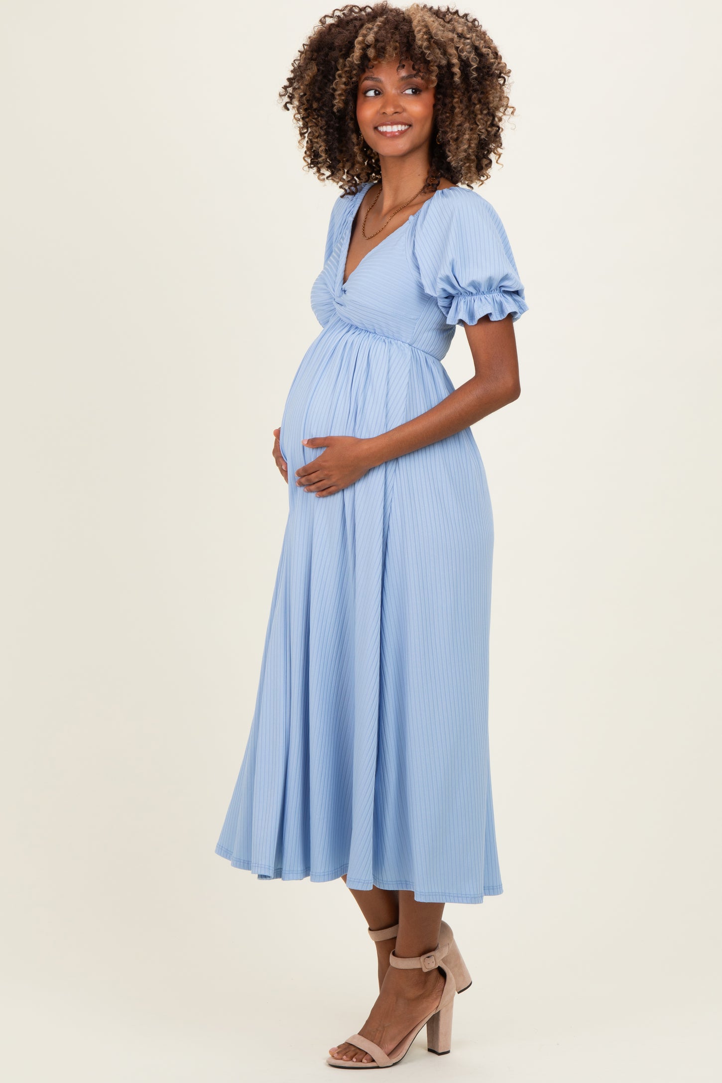 Light Blue Ribbed Short Sleeve Empire Waist V-Neck Maternity Maxi Dress