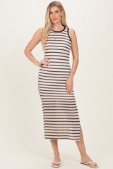 Cream/Mocha Striped Contrast Ribbed Knit Sleeveless Maxi Dress