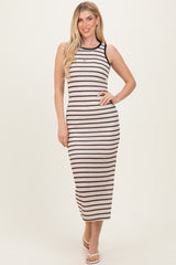 Cream/Mocha Striped Contrast Ribbed Knit Sleeveless Maxi Dress