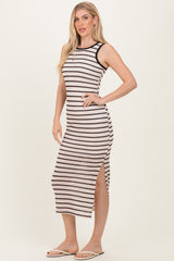 Cream/Mocha Striped Contrast Ribbed Knit Sleeveless Maxi Dress