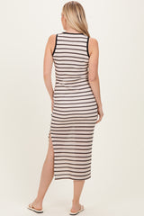 Cream/Mocha Striped Contrast Ribbed Knit Sleeveless Maxi Dress