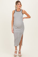 Ivory/Black Striped Contrast Ribbed Knit Sleeveless Maternity Maxi Dress