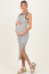 Ivory/Black Striped Contrast Ribbed Knit Sleeveless Maternity Maxi Dress
