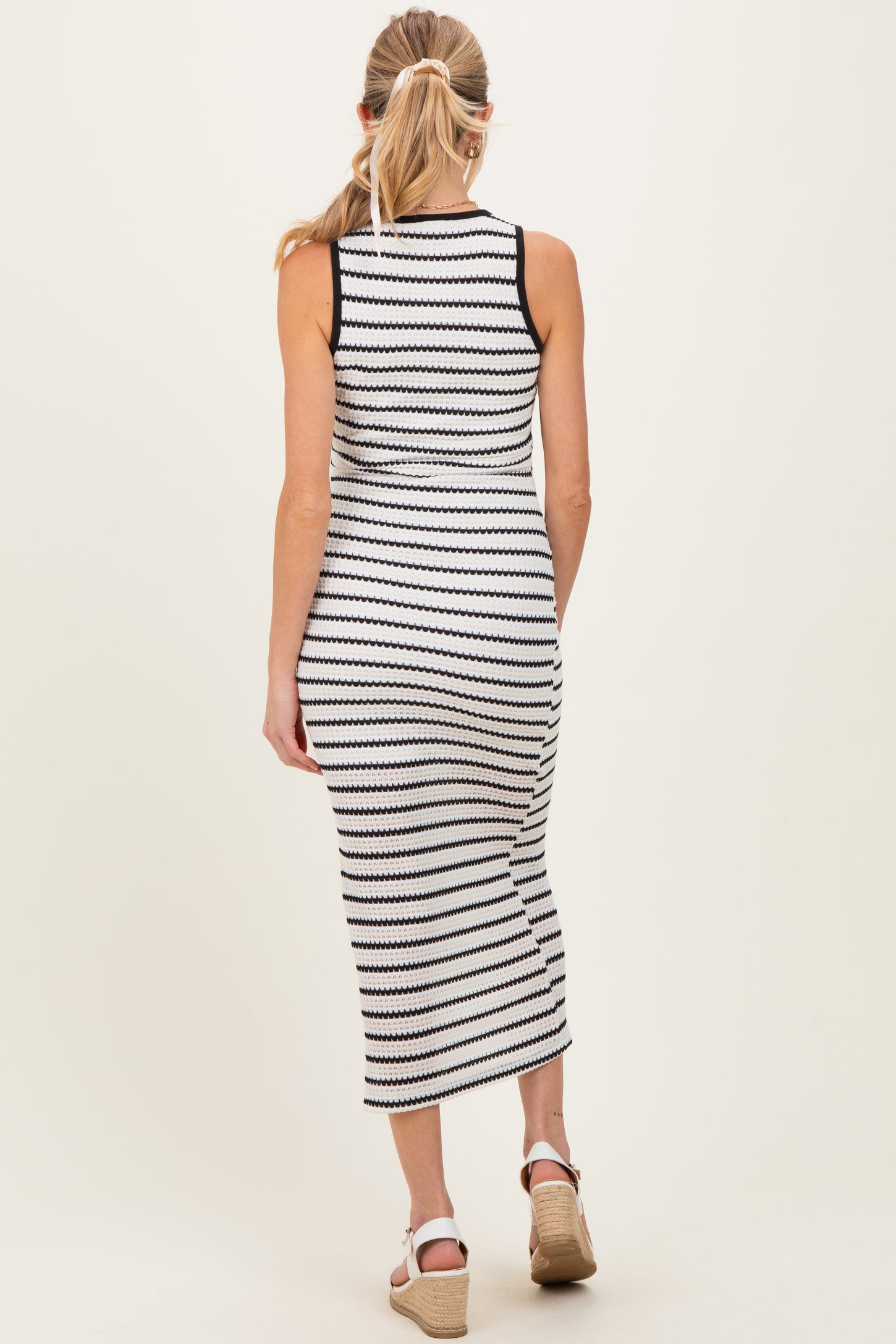 Ivory/Black Striped Contrast Ribbed Knit Sleeveless Maternity Maxi Dress