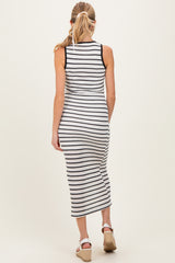 Ivory/Black Striped Contrast Ribbed Knit Sleeveless Maternity Maxi Dress