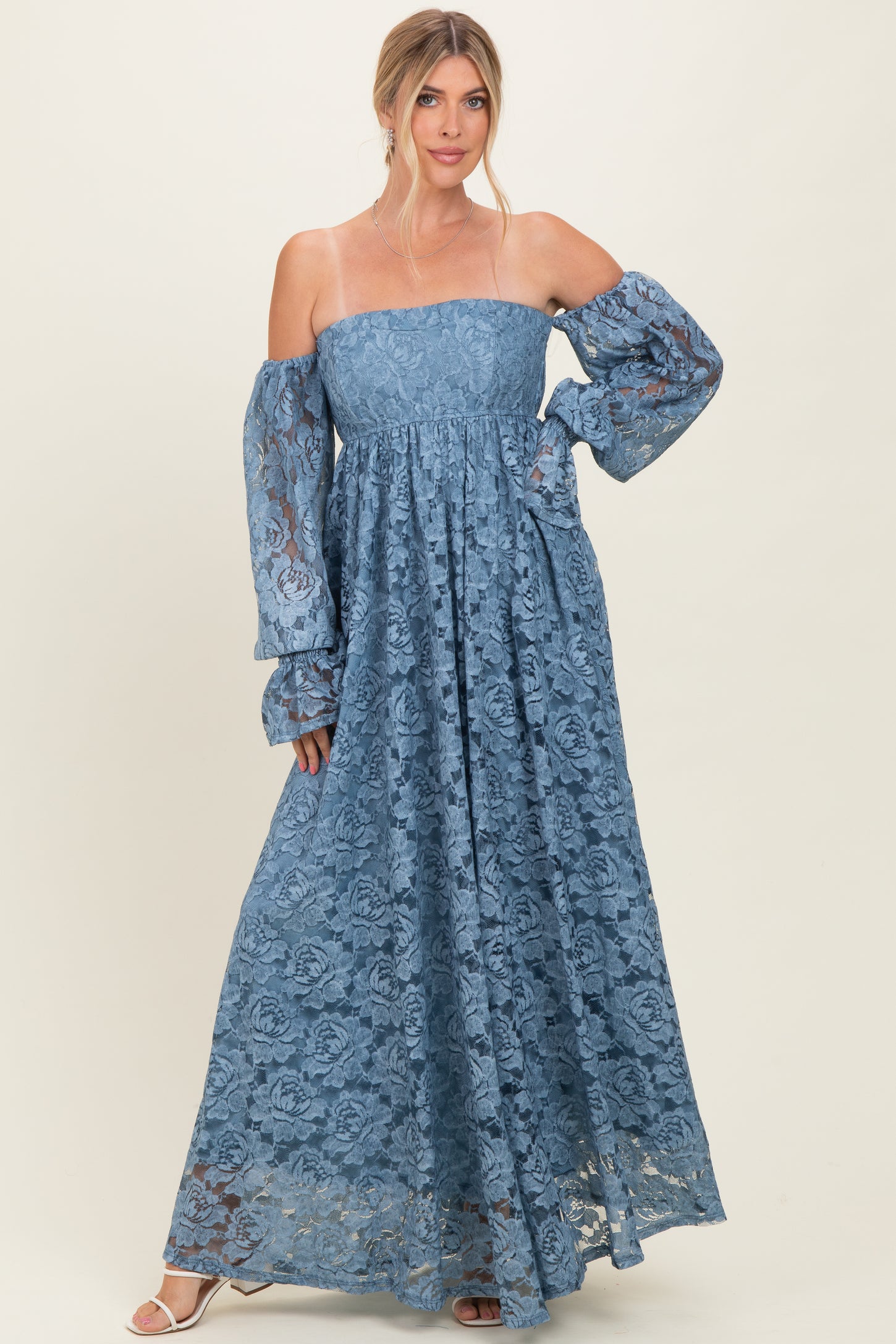 Blue Lace Off Shoulder Long Sleeve Maternity Maxi Dress Blue Lace Off Shoulder Long Sleeve Maternity Maxi Dress