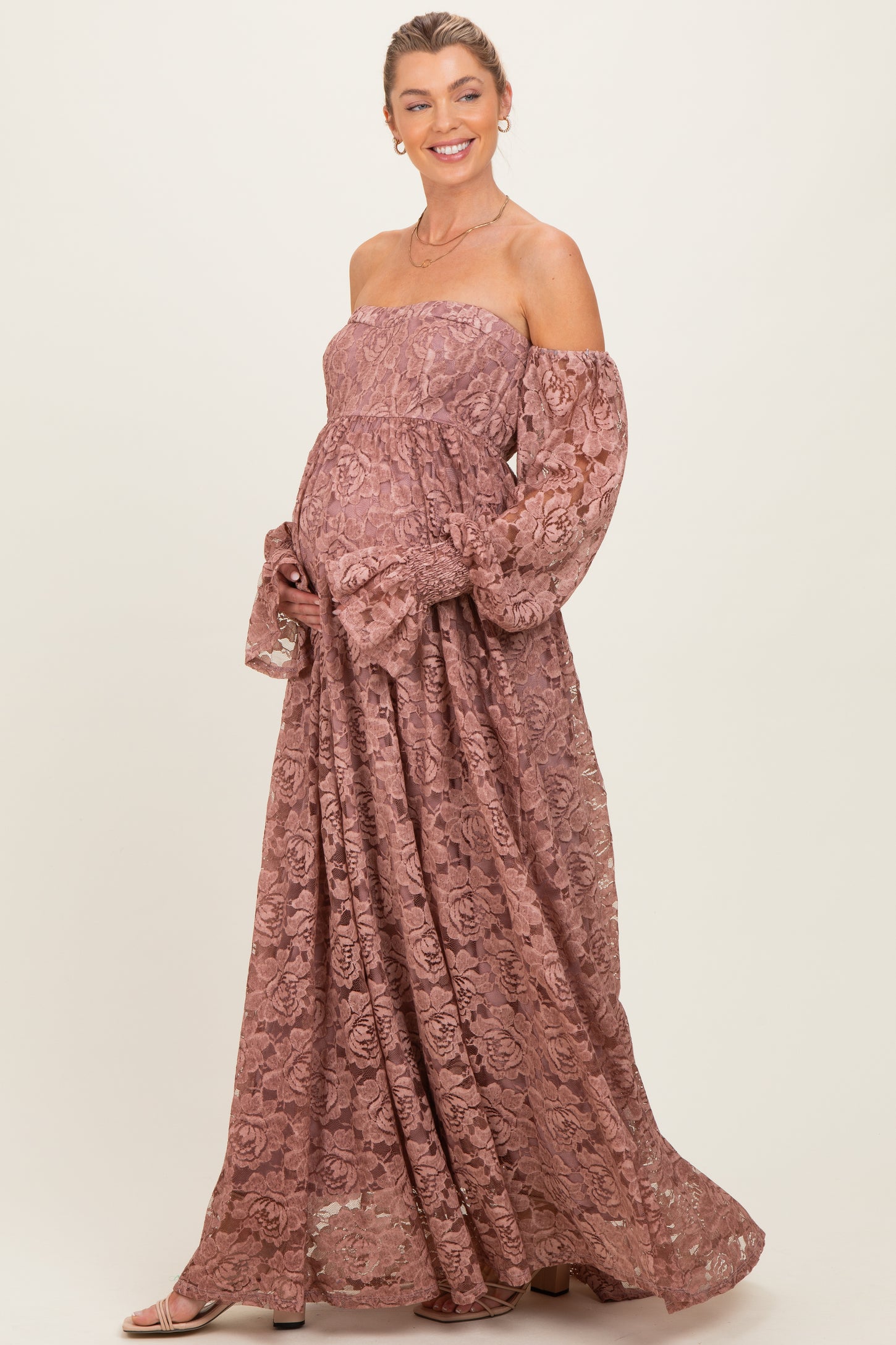 Mauve Lace Off Shoulder Long Sleeve Maternity Maxi Dress