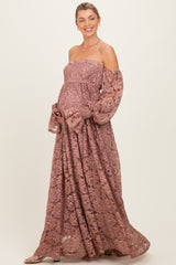 Mauve Lace Off Shoulder Long Sleeve Maternity Maxi Dress