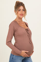 Mocha Ribbed Front Tie Maternity Henley Top