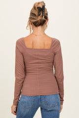 Mocha Ribbed Front Tie Maternity Henley Top