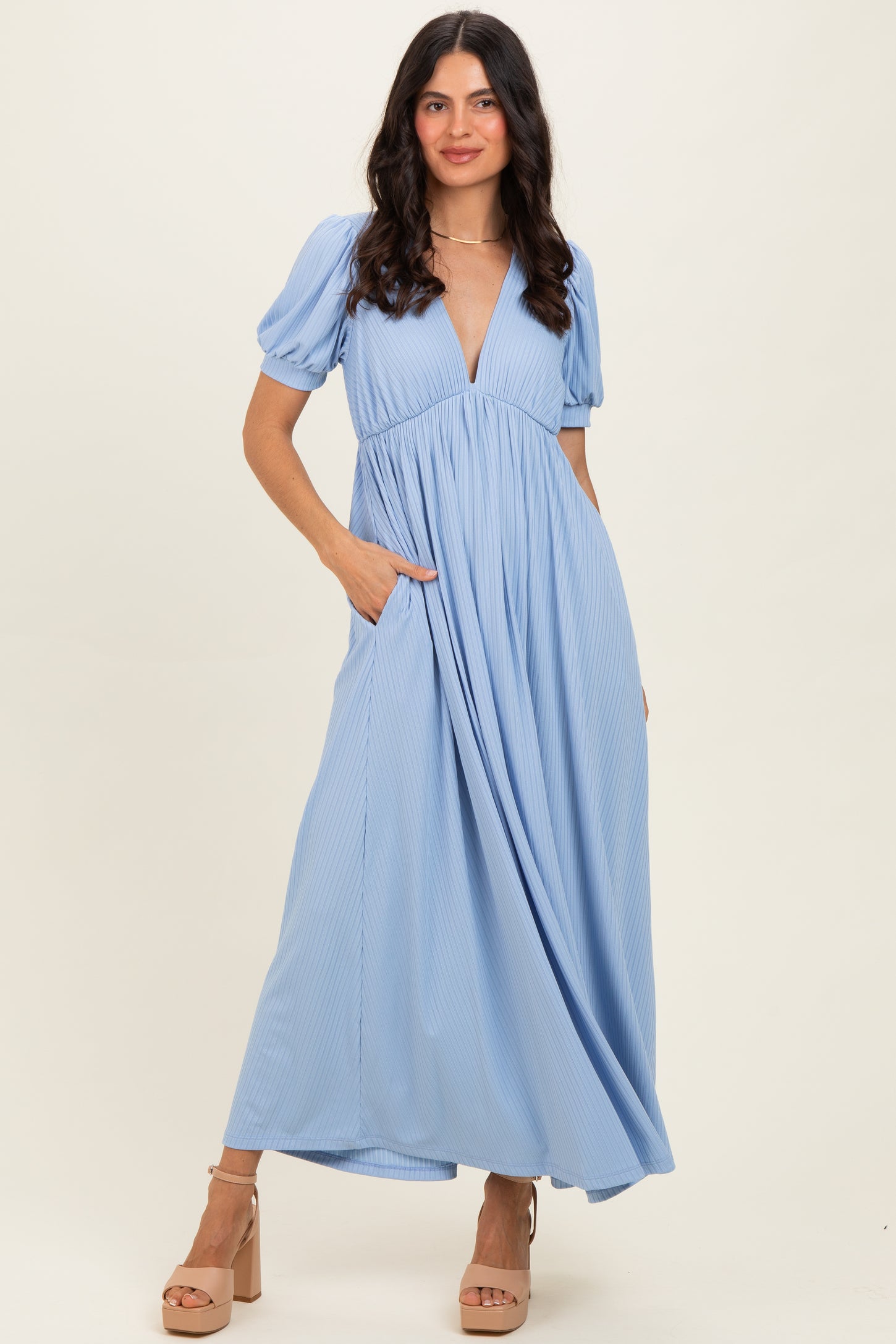 Light Blue Ribbed Short Sleeve Empire Waist V-Neck Maternity Maxi Dress