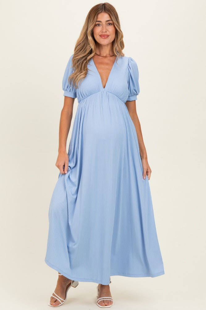 Blue Ribbed Puff Sleeve V-Neck Empire Waist Maternity Maxi Dress PinkBlush Blue Ribbed Puff Sleeve V-Neck Empire Waist Maternity Maxi Dress PinkBlush