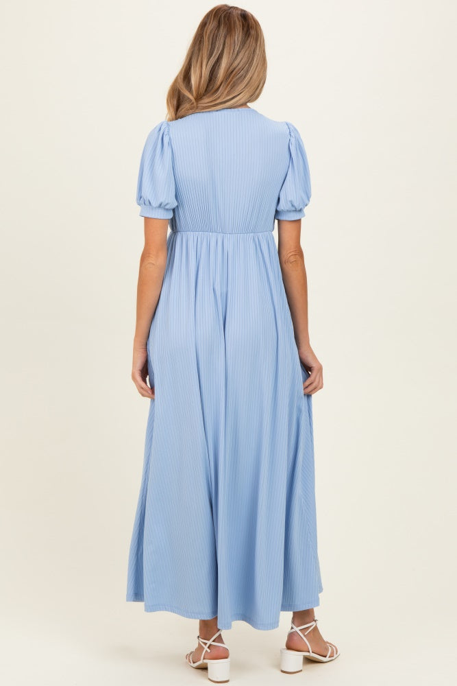 Blue Ribbed Puff Sleeve V-Neck Empire Waist Maternity Maxi Dress – PinkBlush