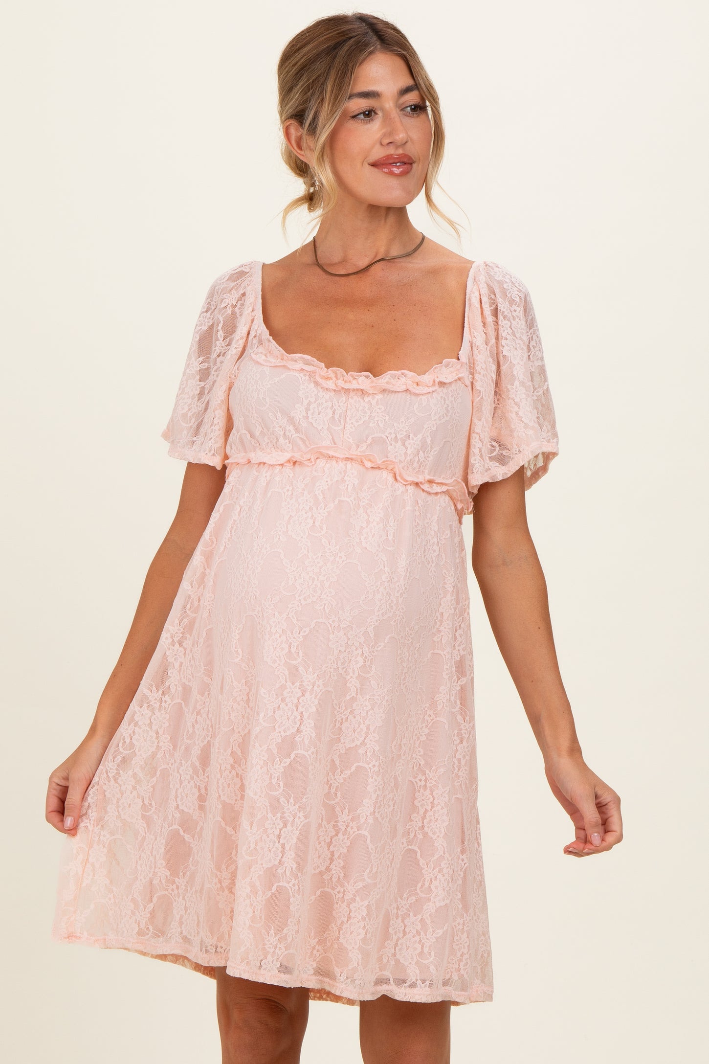 Peach Floral Lace Square Neck Ruffle Trim Maternity Maxi Dress