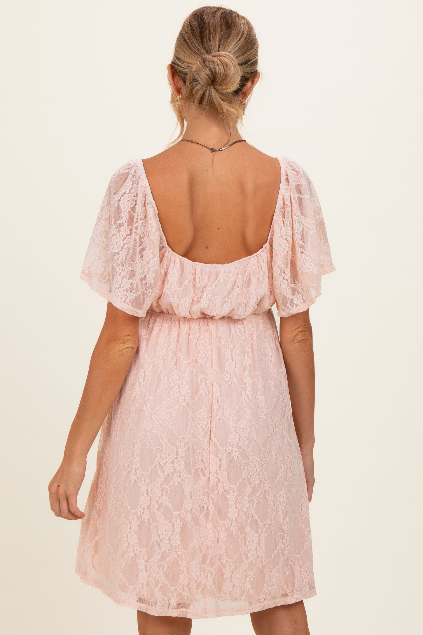 Peach Floral Lace Square Neck Ruffle Trim Maternity Maxi Dress