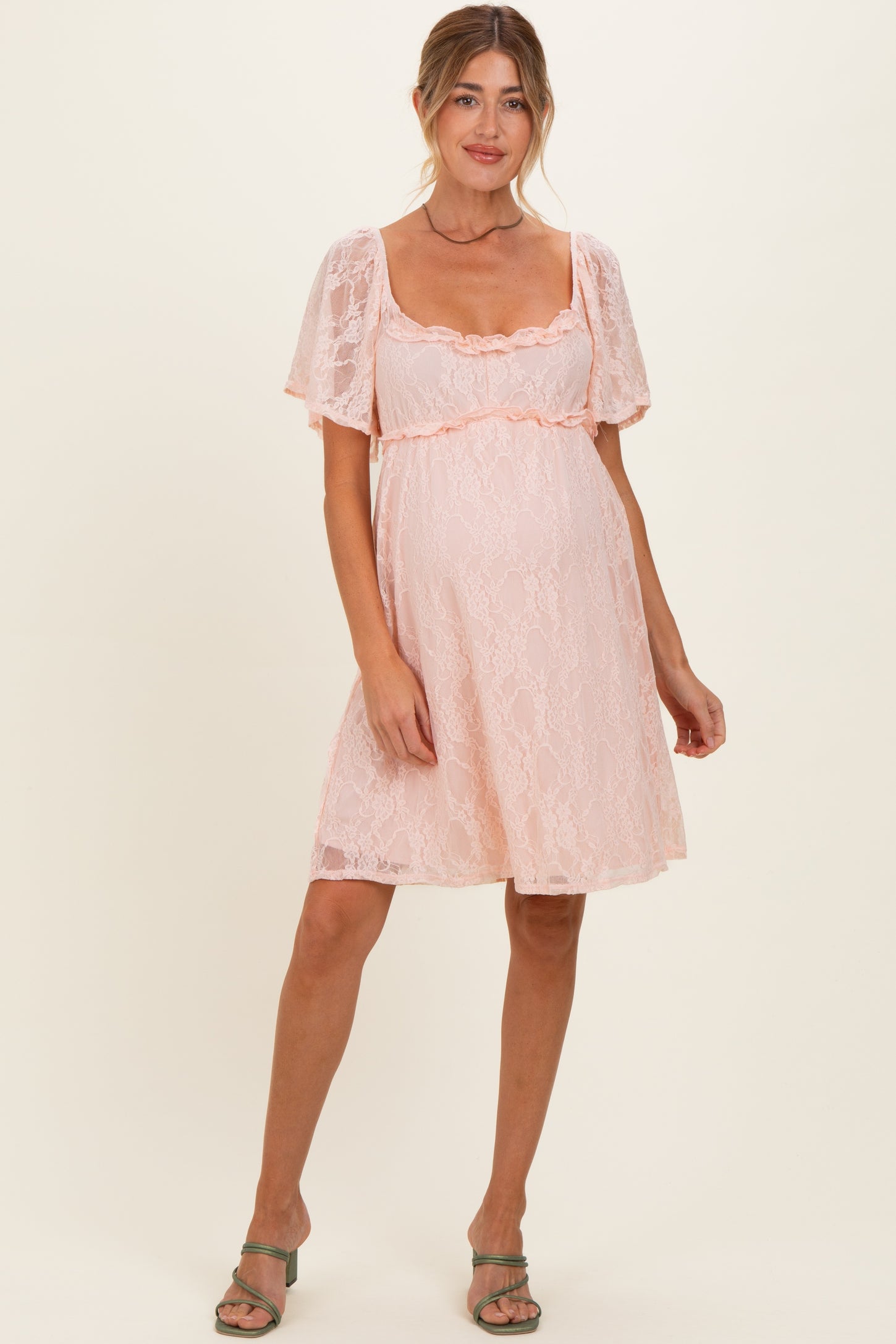 Peach Floral Lace Square Neck Ruffle Trim Maternity Maxi Dress