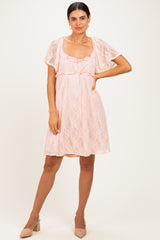 Peach Floral Lace Square Neck Ruffle Trim Maxi Dress