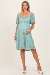 Sage Floral Lace Square Neck Ruffle Trim Maternity Maxi Dress
