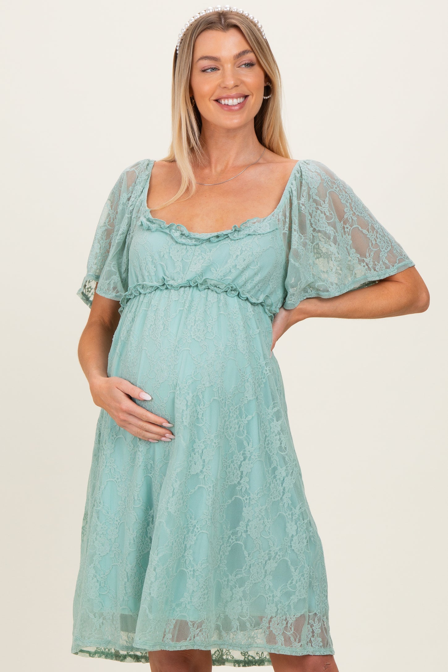 Sage Floral Lace Square Neck Ruffle Trim Maternity Maxi Dress