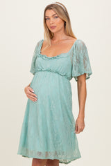 Sage Floral Lace Square Neck Ruffle Trim Maternity Maxi Dress