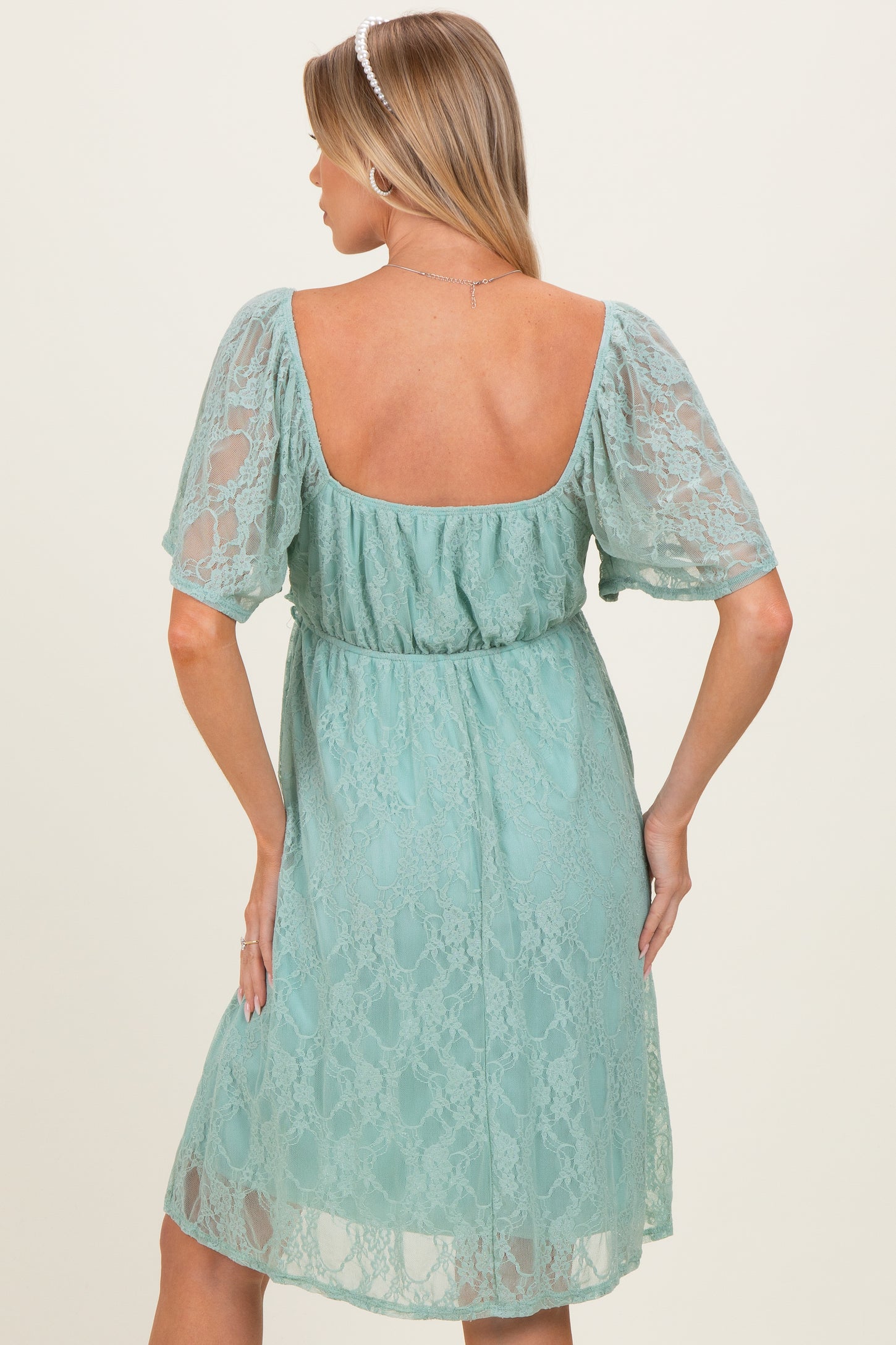 Sage Floral Lace Square Neck Ruffle Trim Maternity Maxi Dress