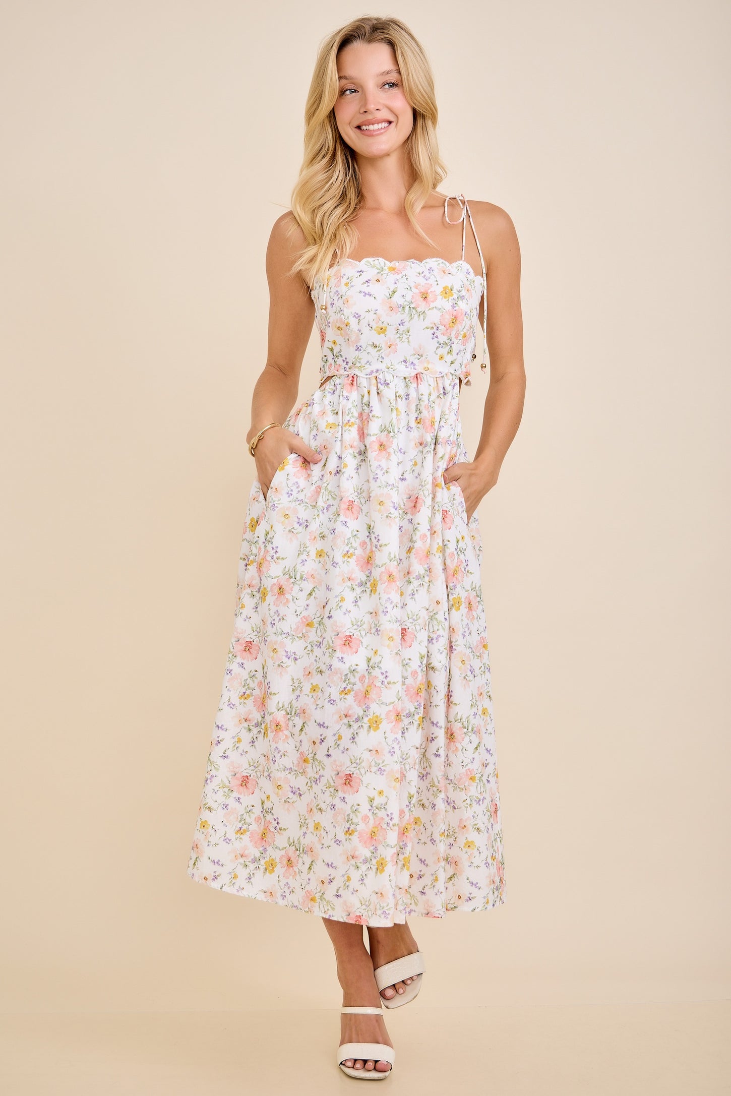 White Floral Shoulder Tie Cutout Midi Dress