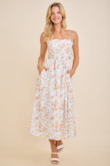 White Floral Shoulder Tie Cutout Midi Dress