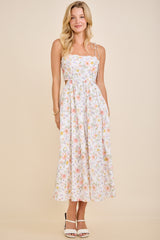 White Floral Shoulder Tie Cutout Midi Dress