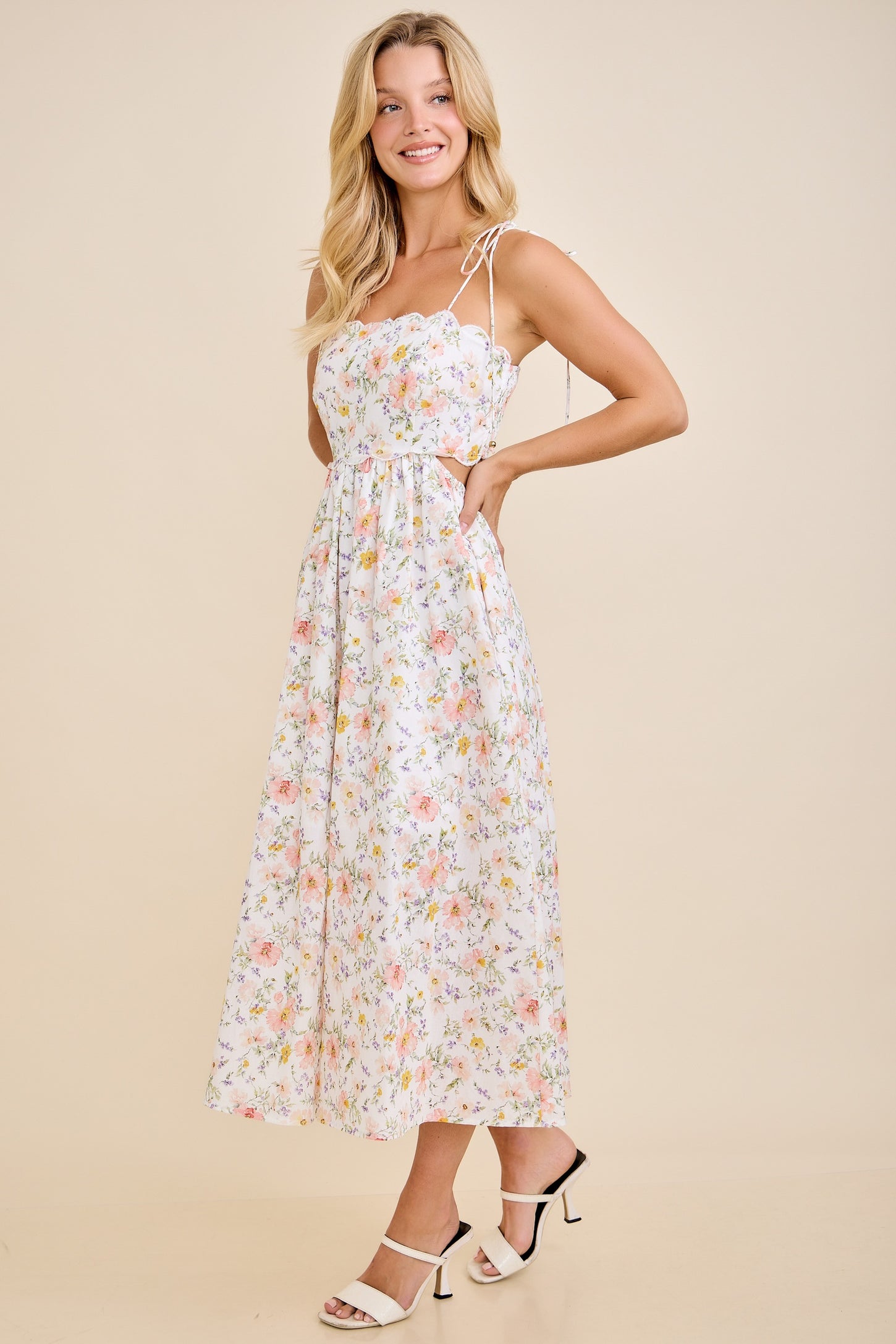 White Floral Shoulder Tie Cutout Midi Dress