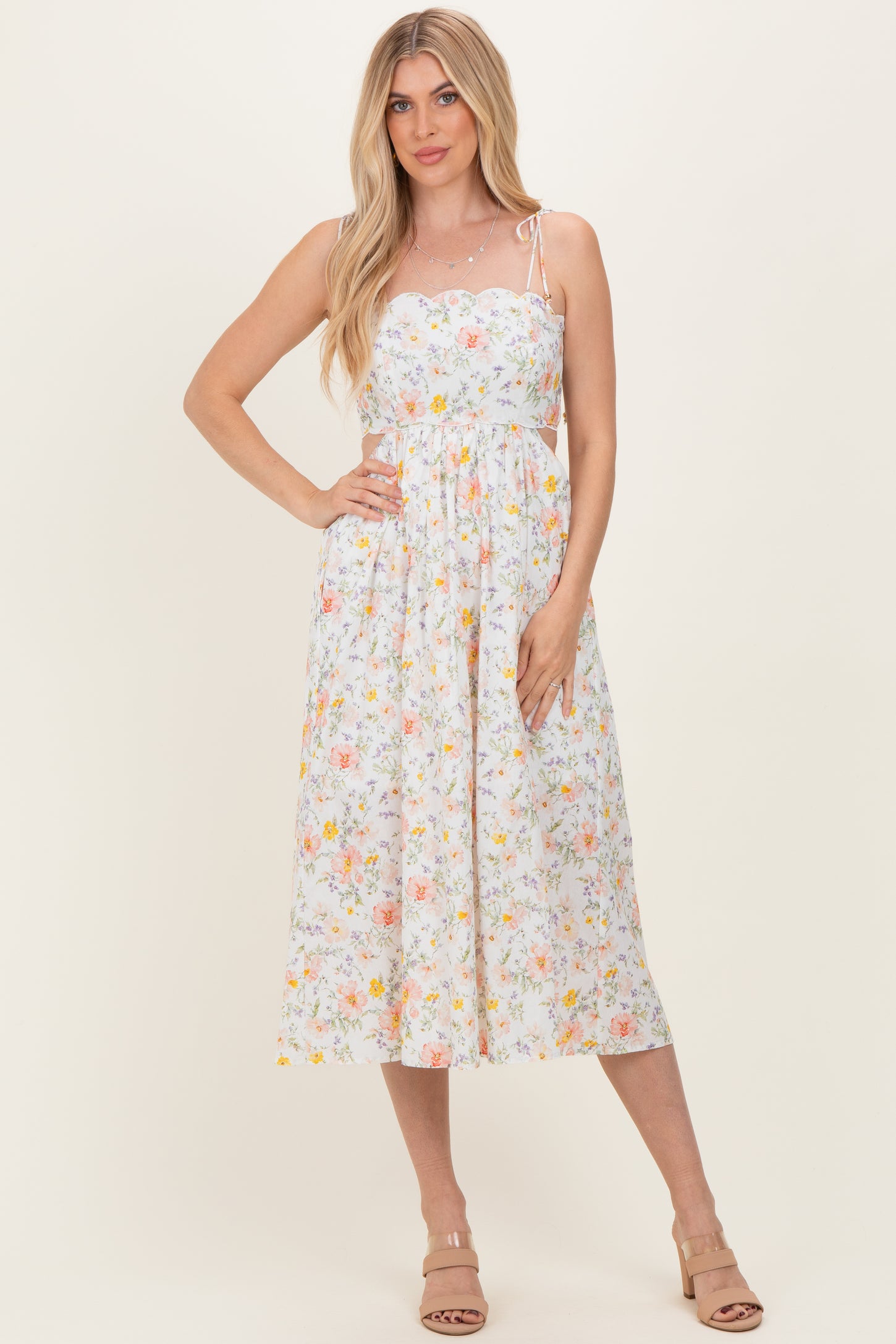 White Floral Shoulder Tie Cutout Midi Dress