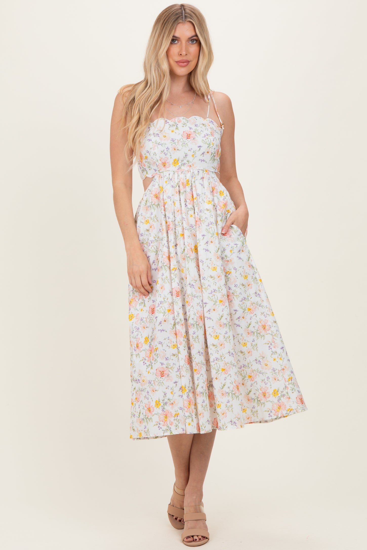 White Floral Shoulder Tie Cutout Midi Dress